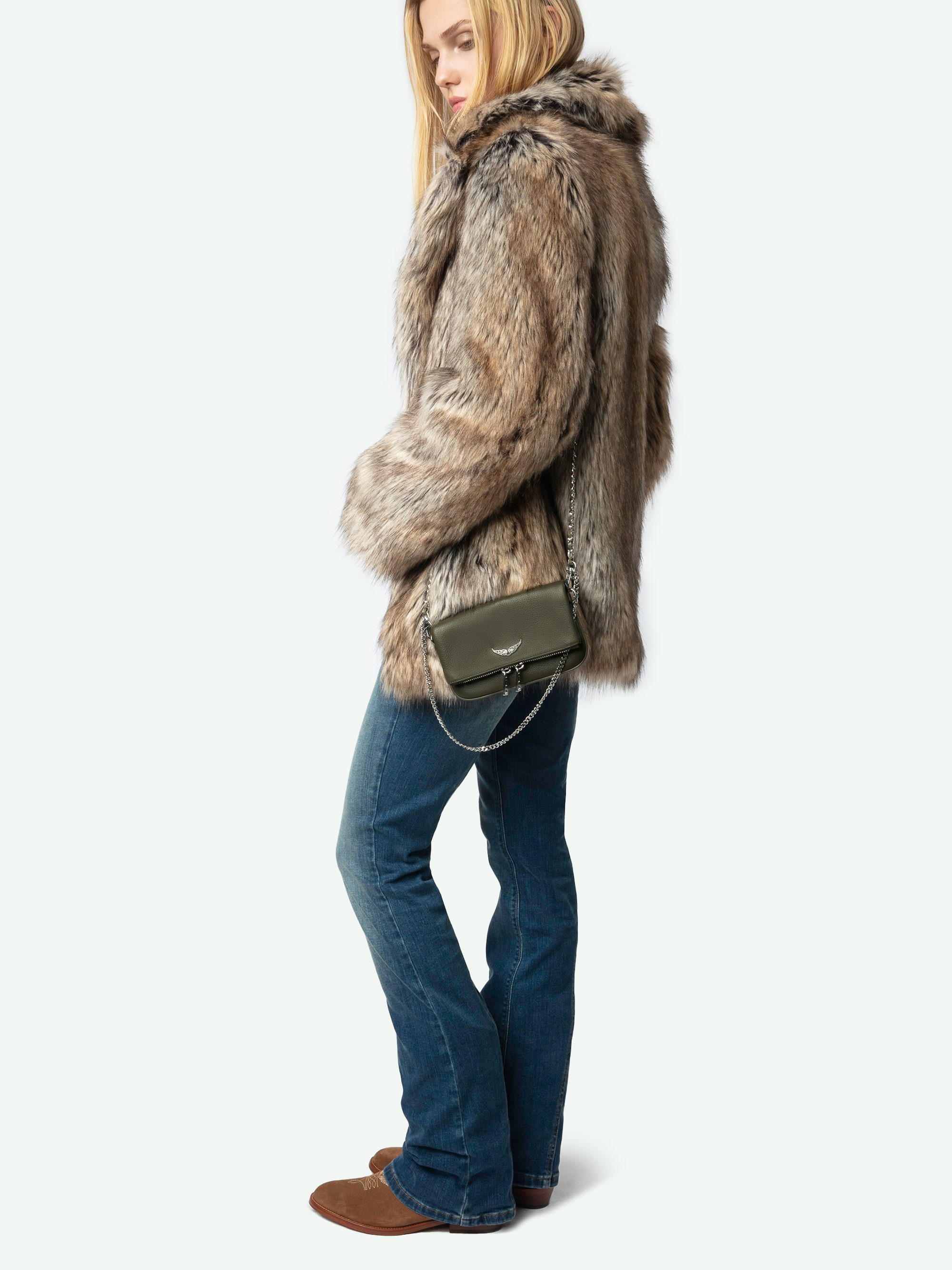 Rock Nano Clutch - Small khaki grain leather clutch with double chain and rhinestone wings.